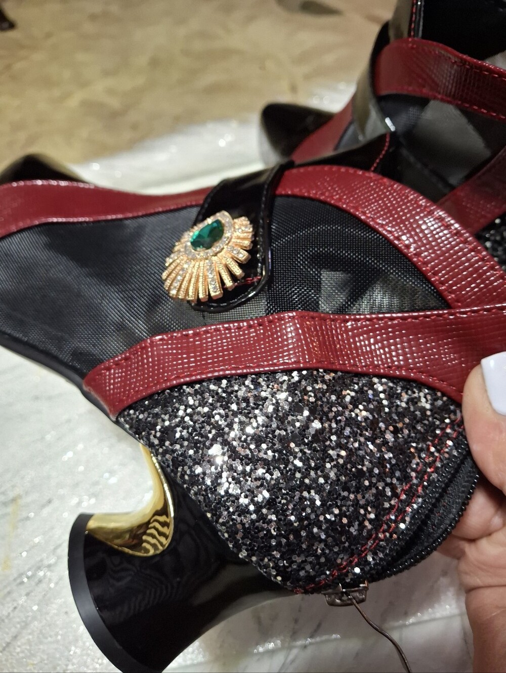 Women Black/Burgundy Mesh Ankle Booties Embellish Buckle Sculpted Heel Size 7.5 - Picture 7 of 16
